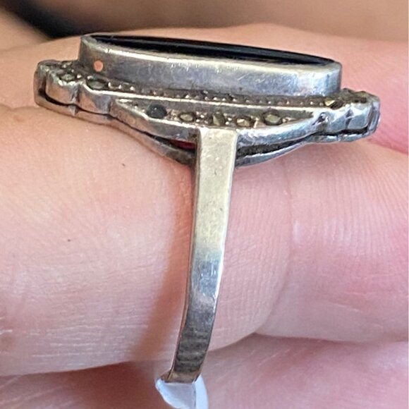 Ring Size 9 Black Tourmaline Marcasite Sterling Silver 925 Women Semi-Precious S - Picture 2 of 9